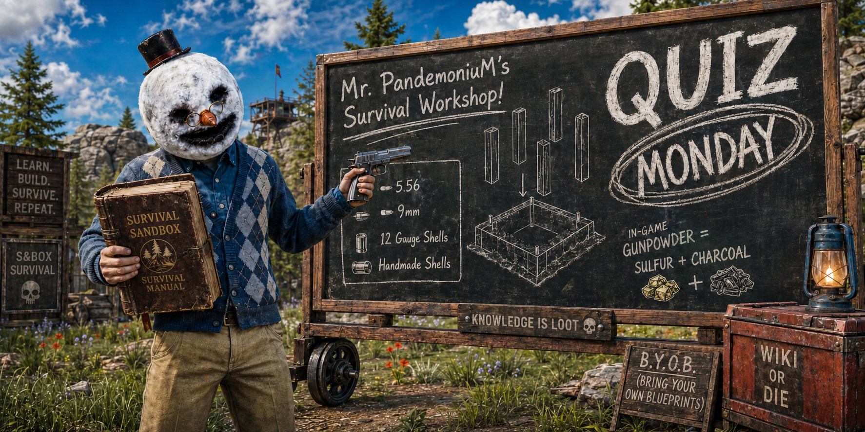 A snowman survival instructor points from a field manual to a chalkboard quiz about ammunition, building, and gunpowder.